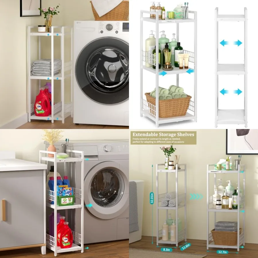 

Expandable Slim Storage Shelf, 3 Tier Metal Shelving Unit for Bathroom Storage Organizer, Free-Standing Narrow Shelf, Open Floo