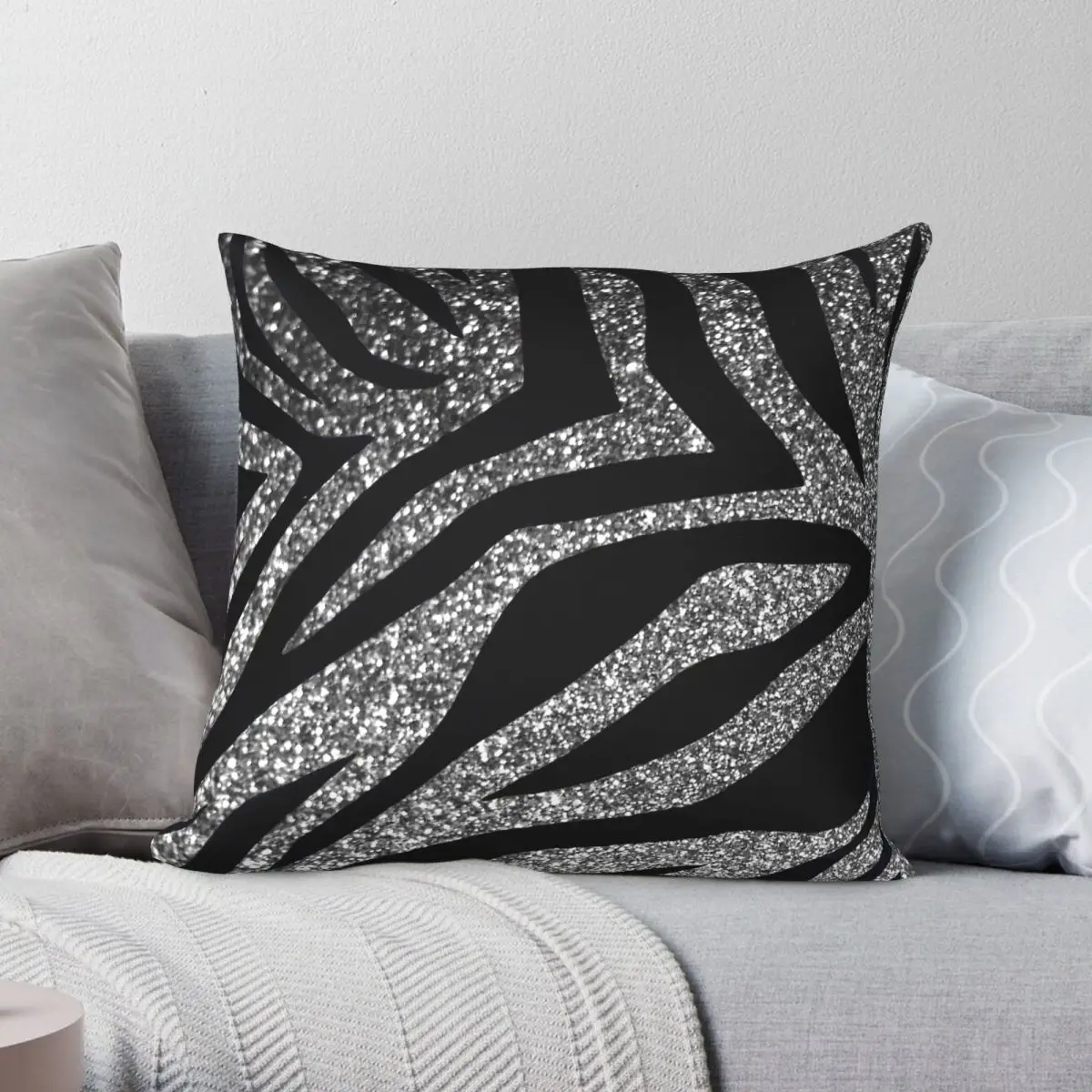 

Silver Glitter Zebra Print Square Pillowcase Polyester Linen Velvet Printed Zip Decorative Pillow Case Sofa Cushion Cover