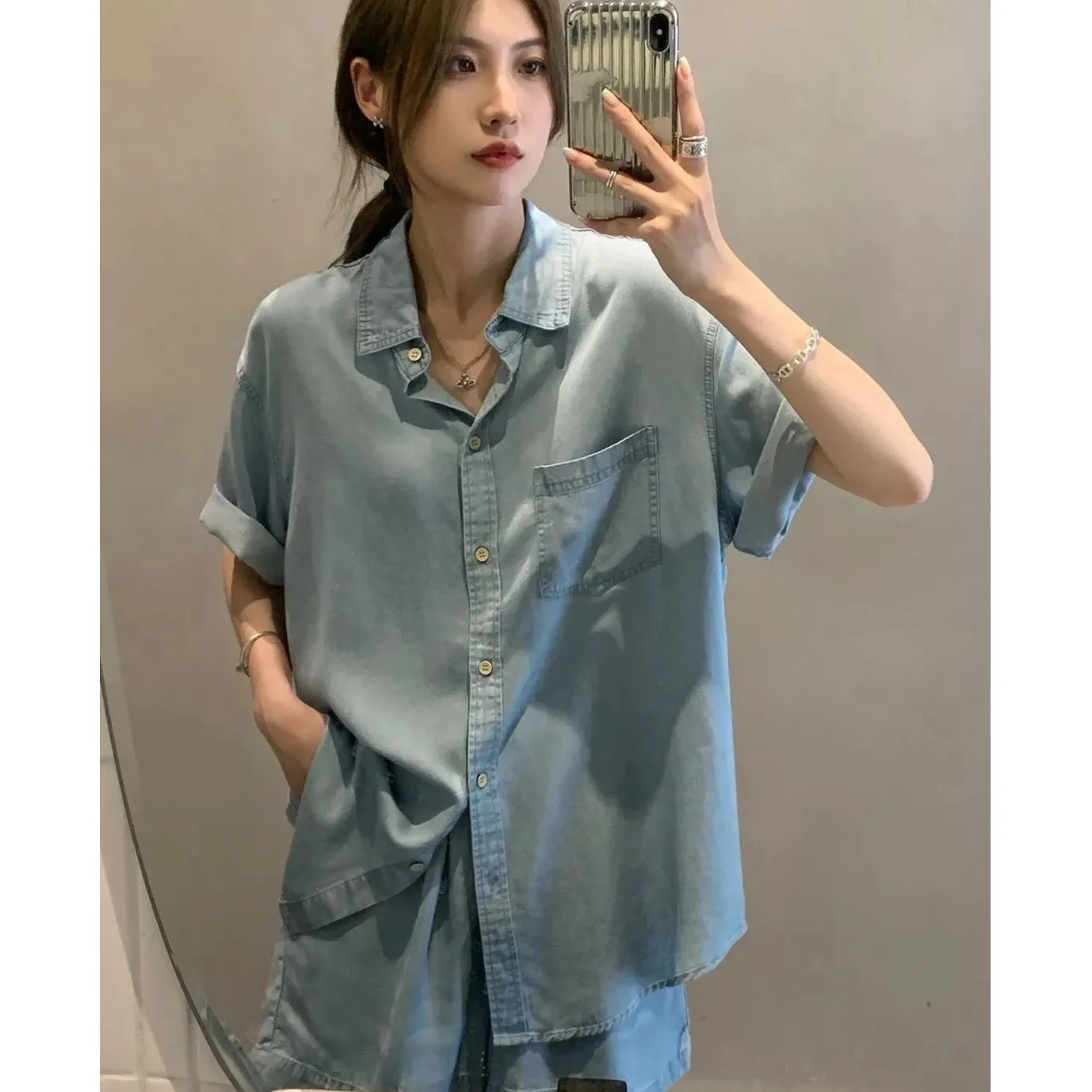 Imitation Denim Suit Short-sleeved Shirt Imitation Denim Wide-leg Shorts Two-piece Set Women's 2026 Summer Korean Style,