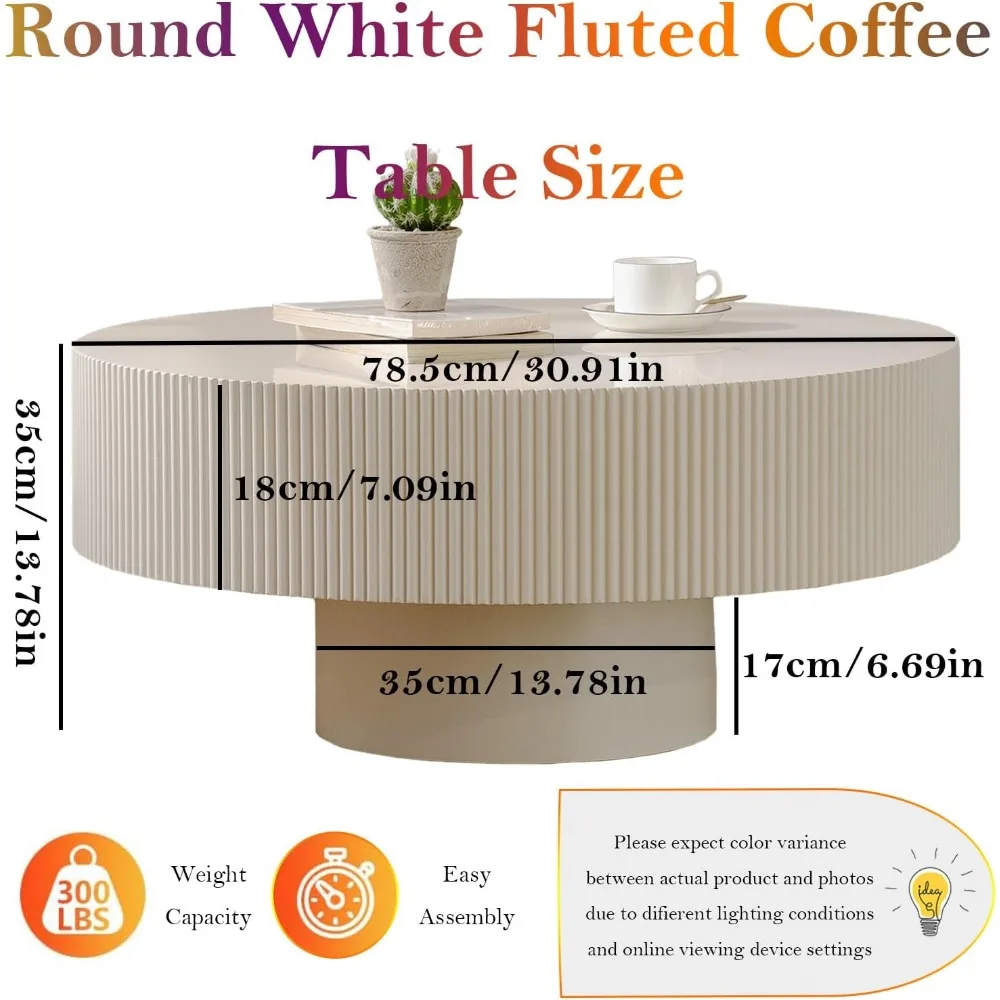 Modern Fluted Drum Coffee Table with Handcraft Embossed Edge Design & Stable & Sturdy Pedestal