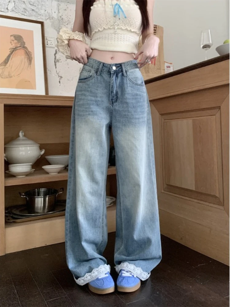 

Spring Retro Lace Patchwork Straight Leg Jeans For Women High Waist Wide Leg Cropped Denim Pants Summer Casual Pants