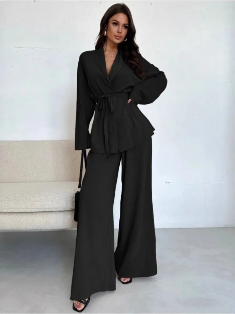 Fashion Women's Pants Suit Solid Drawstring Long Sleeve Blouse Elastic Waist Wide Leg Pants Two Piece Set Commuting Streetwear