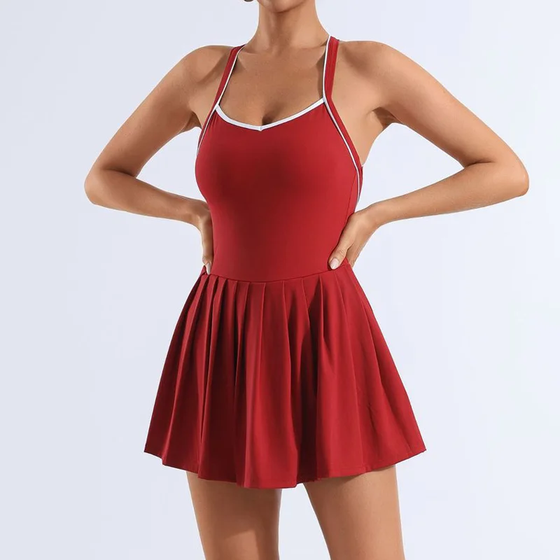 Backless Criss Cross Tennis Dress Contrast Color Padded Pleated Sports Dresses Cloud Feeling Workout Fitness Running Golf Dress