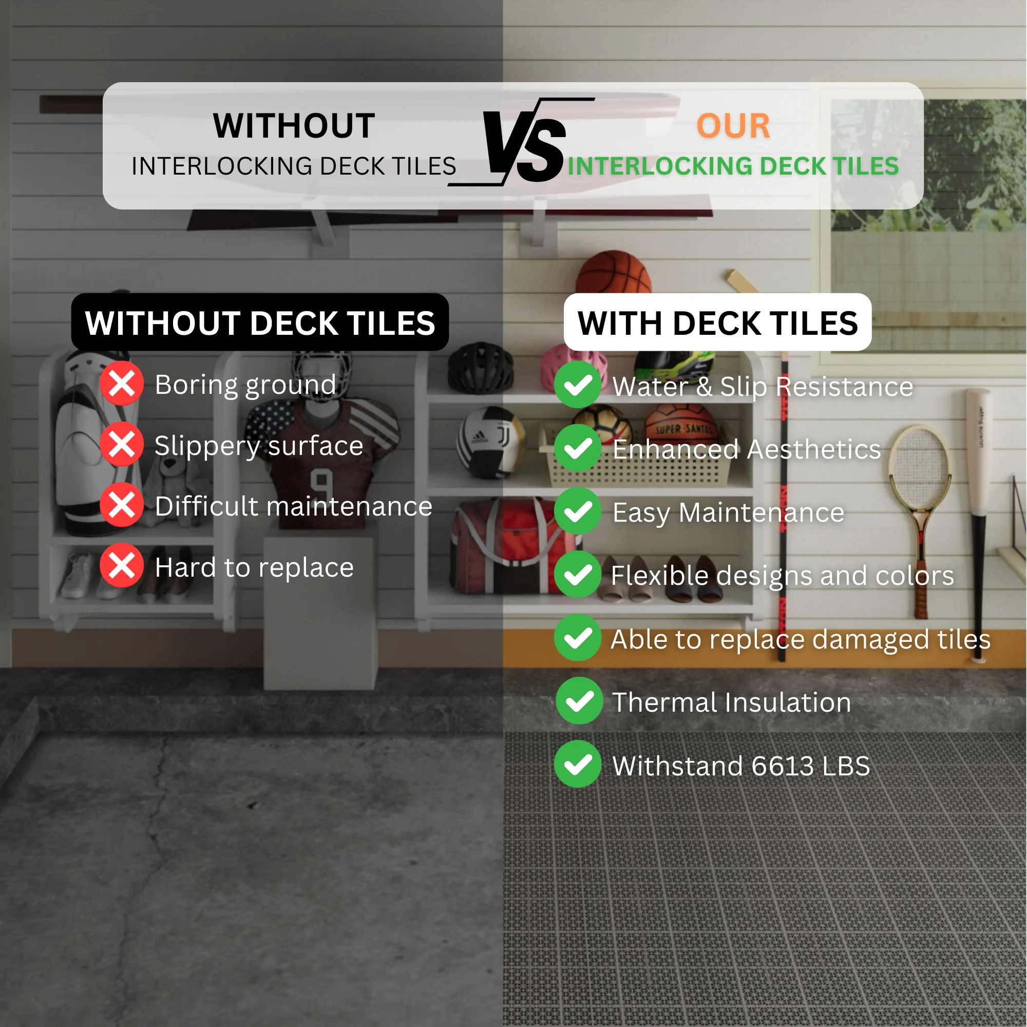 12"x12" Plastic Interlock Deck Tiles Drainage Mats All-Weather Waterproof & Anti-Slip High Load Garage/Bathroom/Balcony/Porch