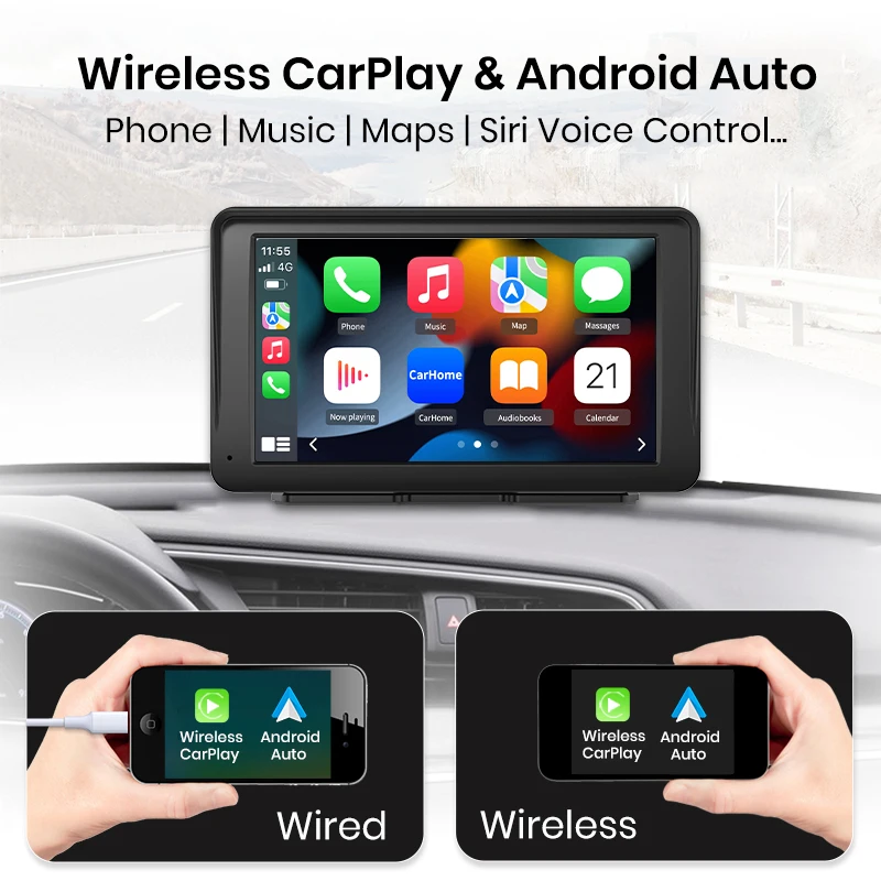 Junsun 7 Inch Portable Car Stereo Wireless Apple CarPlay Android Auto Magnetic Mount Touch Screen GPS Navigation Bluetooth FM Transmitter Mirror Link USB Type-C Voice Control Horizontal Vertical Display Universal Auto Multimedia Player