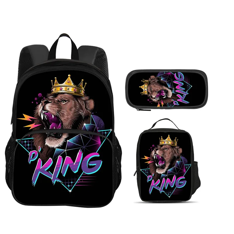 lion Round Front Bag Backpack Pen Bag ice Bag 3Pcs Set Versatile Cartoon Boy or Girl School Birthday Best Gift
