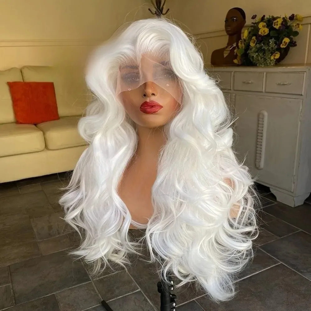 

13X4 HD Белый Парик Длинная Объемная Волна Кружева Фронтальный Парик Синтетический Высокое Качество Бесклеевой Предварительно Сорванные Натуральные Волосы Косплей Для Wemon