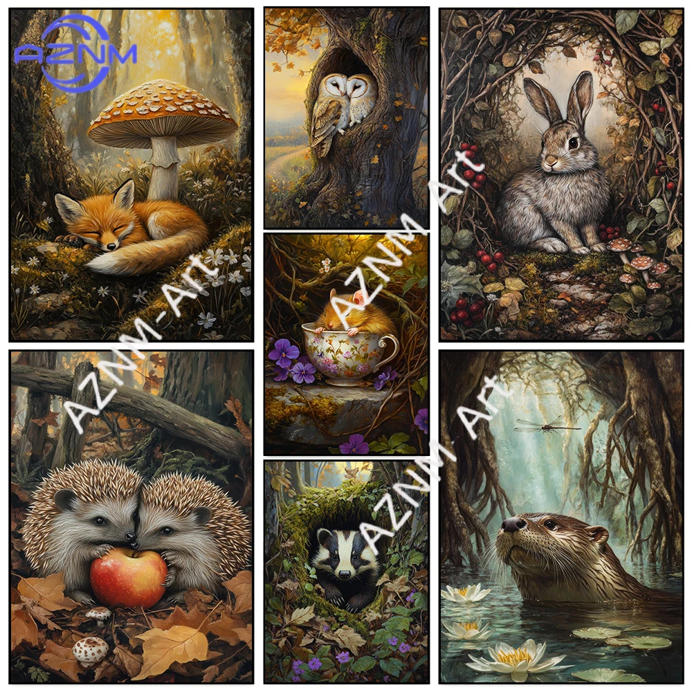 Spring Autumn Forest Lovely Animal Hibernating Fairy Tale Style Poster Canvas Painting Wall Art Pictures Kindergarten Home Decor