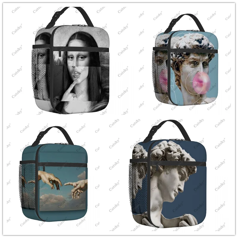 Mona Lisa David Portable aluminum foil thickened lunch bag waterproof and thermal insulation printed pattern lunchs tote bags