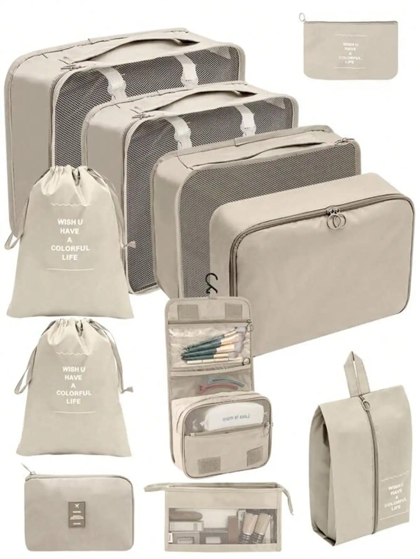 11 Pcs Travel Packing Cubes Set Modern Beige Waterproof Suitcase Storage Luggage Organizer Bags Unit With Shoe Bag Toiletry Bag Drawstring Pouches Slogan Graphic For Clothes Shoes College Dorm Travel Gift
