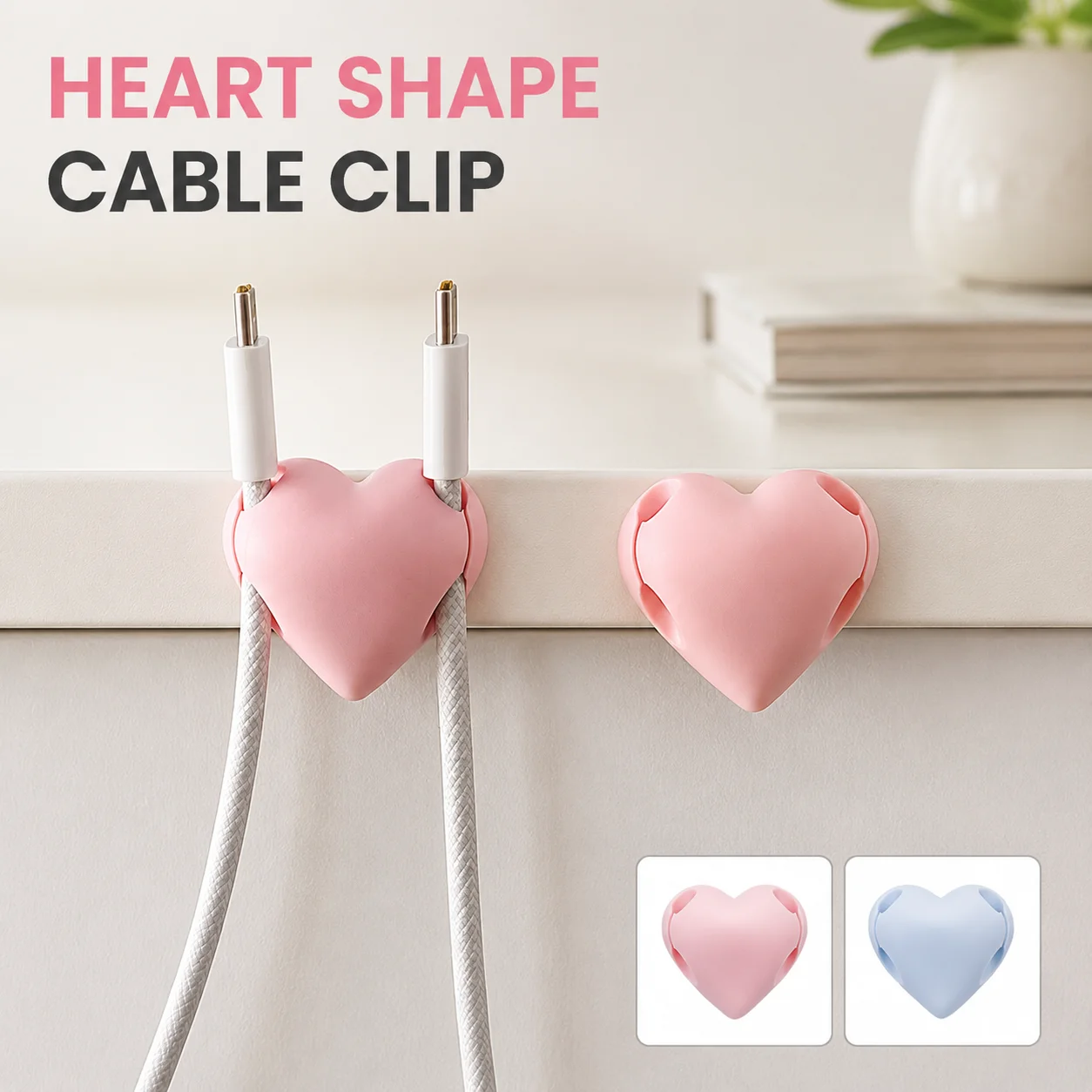 Heart Shape Double Slot Cable Clips, Self Adhesive Cord Management Holder, Desktop Wire Organizer Keeper for Charging Cables