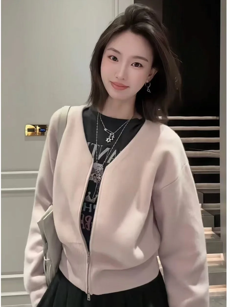 

Женский свитер с двойной молнией и V-образным вырезом, длинный рукав, осенняя новинка, модель Le a Station 5566