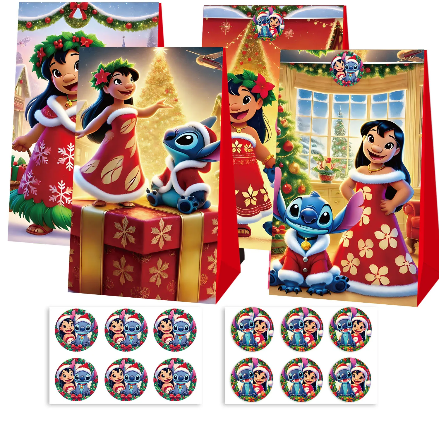 12 pçs conjunto anime lilo & stitch anjo figuras saco de papel doce saco de presente dos desenhos animados bolsa crianças aniversário dia das bruxas natal presente embrulho
