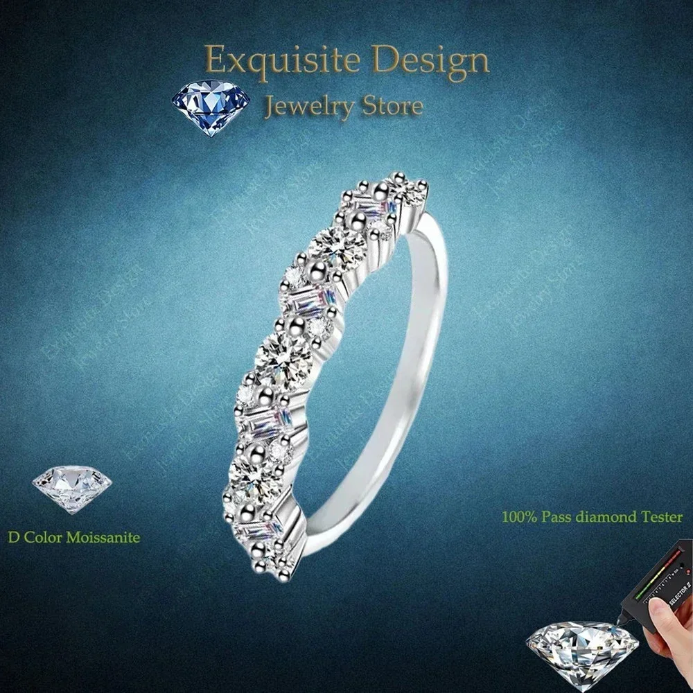 Exquisite Design 0.9 CT Moissanite Round and Square Diamond Alternate Ring for Women, Jewelry Special Shaped 18K White Gold Ring