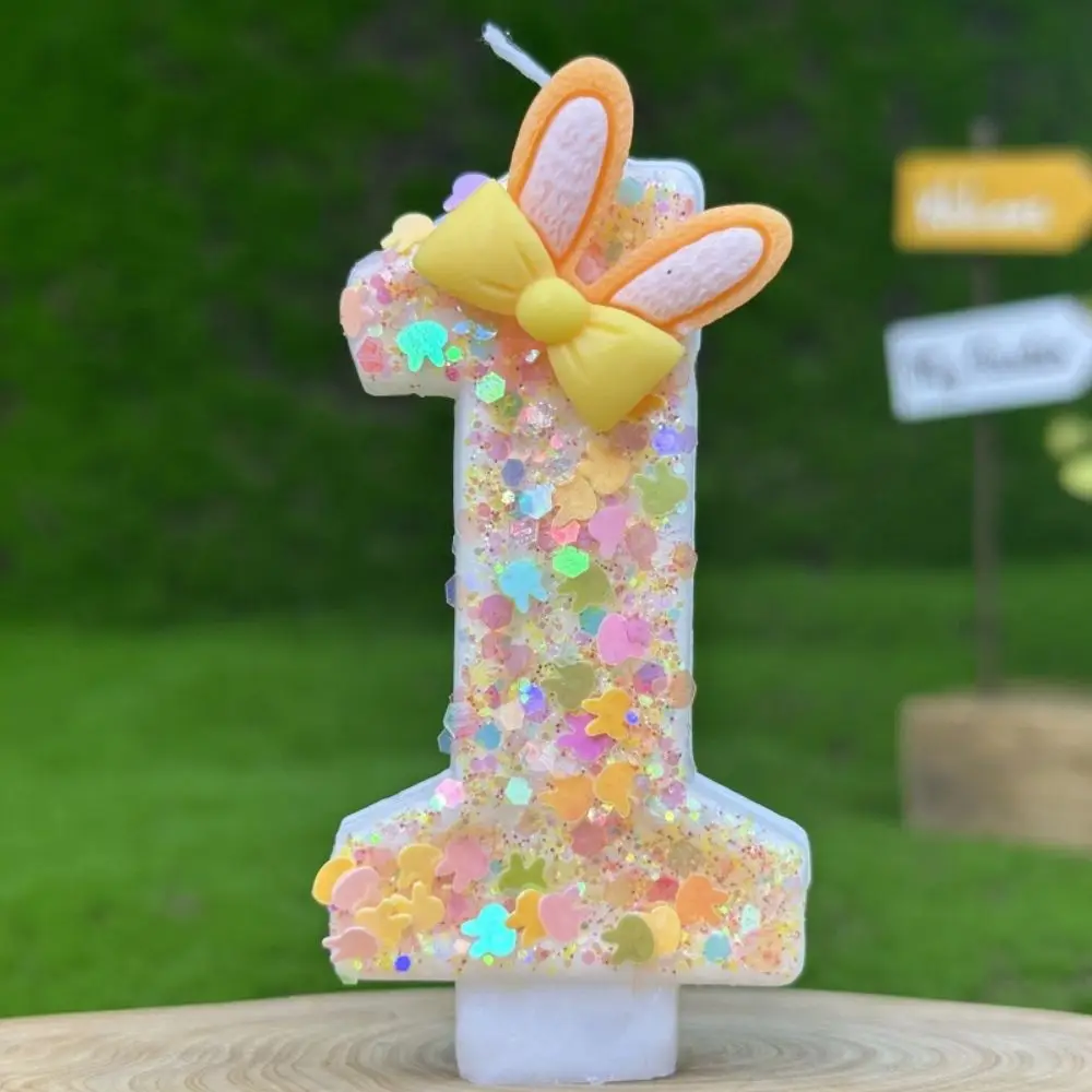 1pcs Cute Rabbit Birthday Candle Cake Topper Colours Number 1 Candle Bow Knot Digital Candle Birthday Wedding Party Decoration