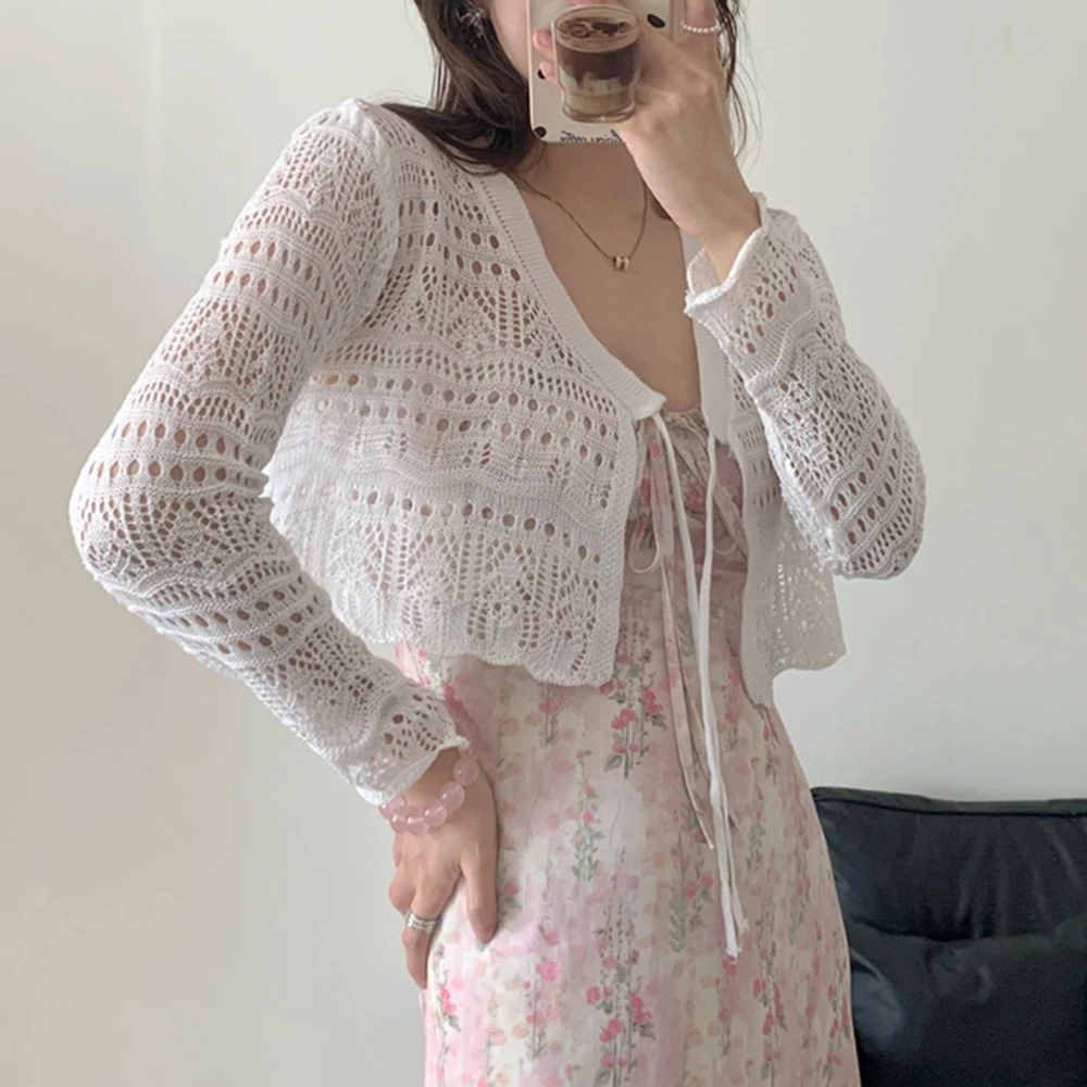 Customization Tie Front Crop Cardigan Long Sleeve Pointelle Knit Openwork Shrug Jacket Women Teen-girl Spring Summer Fairycore O
