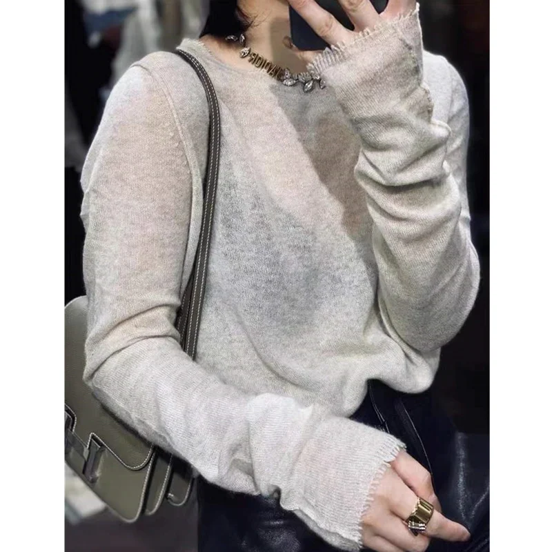 European goods round neck fringe knitted cashmere sweater female autumn winter thin wool base sweater loose sweater