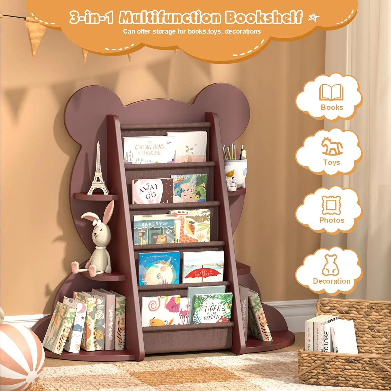 Kids Bookshelf for Kids Room Bear Toy Organizer Storage Toddler Montessori Bookshelves for Baby Children 4-Tier Wooden Bookcase