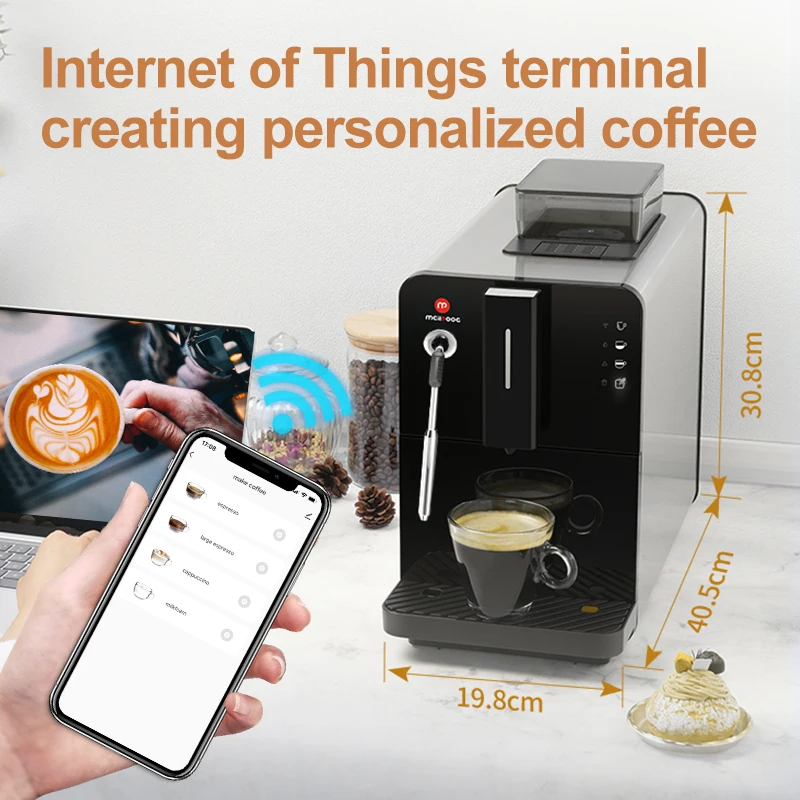 Mcilpoog HI02 Fully Automatic Espresso Machine with Grinder & Steamer, WiFi Connected,, 5 Flavors for Home and Office.Silver