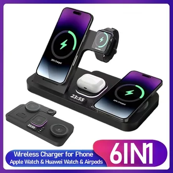 30W Alarm Clock Wireless Charger 6in1 RGB Night Light Fast Charging Station for Smartphone Airpods Pro Huawei Apple Watch Stand