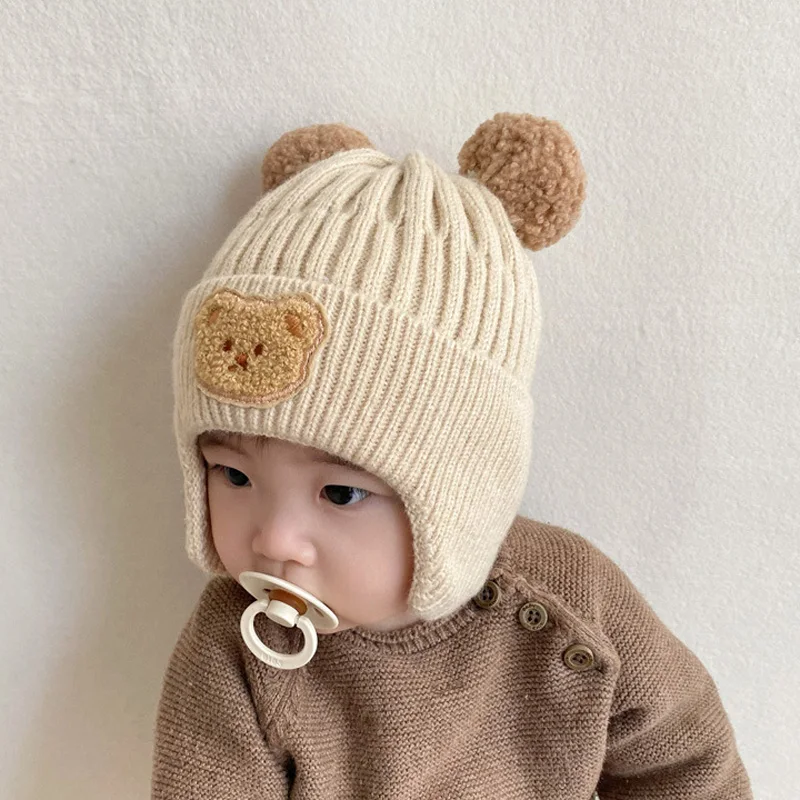 Bear Baby Winter Hat Gloves Set Pompom Infant Bonnet Knitted Kids Beanie with Earflaps Toddler Cap Baby Accessories 1-3Y