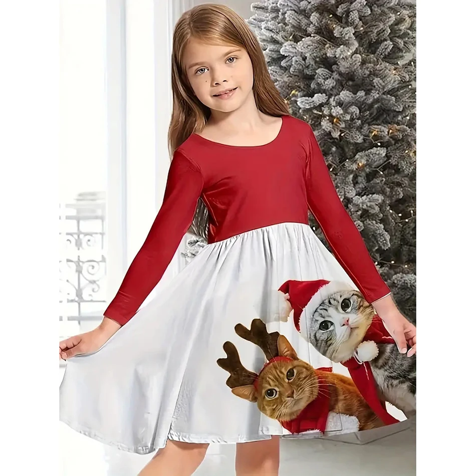 2025 Christmas Dress Kids Long Sleeve Full Printing Casual Elk Xmas Baby Girls Clothes Santa Claus New Year Party Outfit