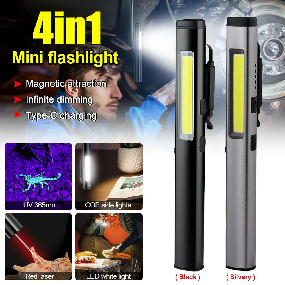 Portable 3Colors LED Flashlight USB Rechargeable Camping Light UV+White+Red Mini Torch Pen Clip Light Pocket Medical UV Penlight