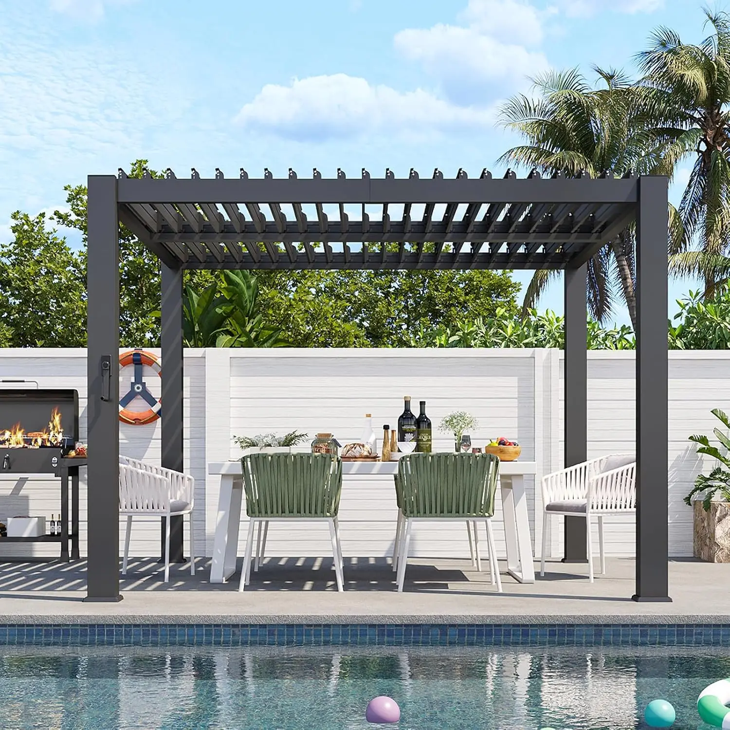10x10ft Outdoor Louvered Metal Pergola Adjustable Top for Decks Gardens Backyards Patio Shade