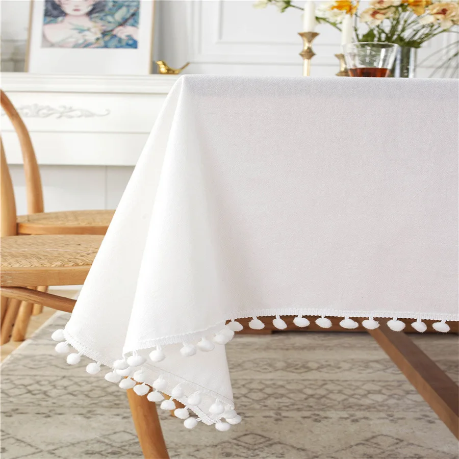 Modern Minimalist White Ball Tassel Tablecloth Washed Cotton Christmas Tablecloth Wedding Banquet Background Cloth Decoration