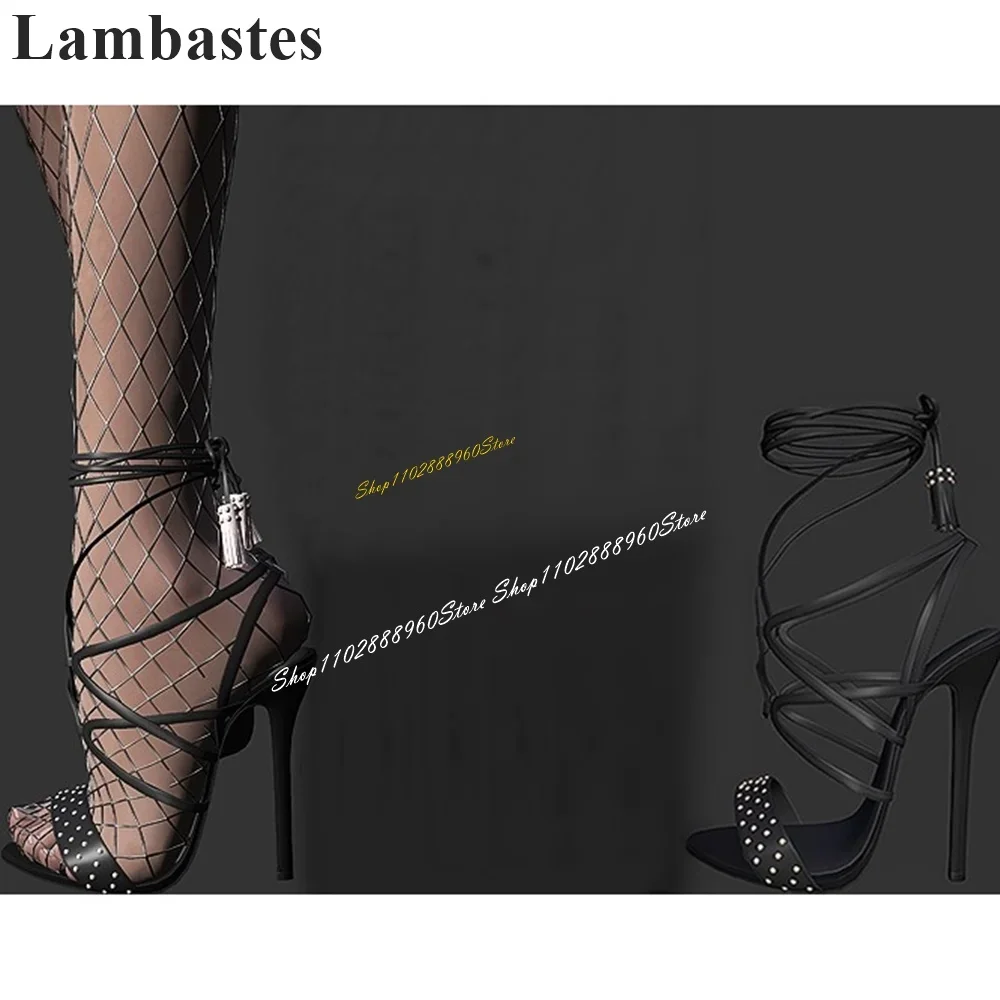 

Black Short Tassels Cross Narrow Strap Sandals Thin High Heel Shoes For Women Lace Up Open Toe 2024 Fashion Zapatos Para Mujere