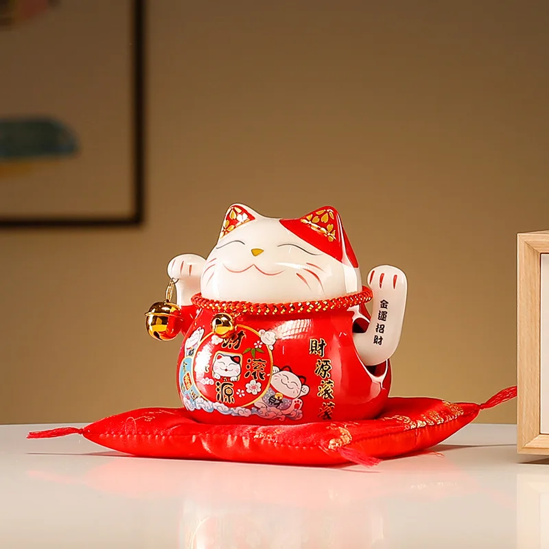 4.5 Inch Ceramic Beckoning Lucky Cat Battery Powered Fortune Cat Waving Arm Maneki Neko Gift Box Home Decoration Centerpiece