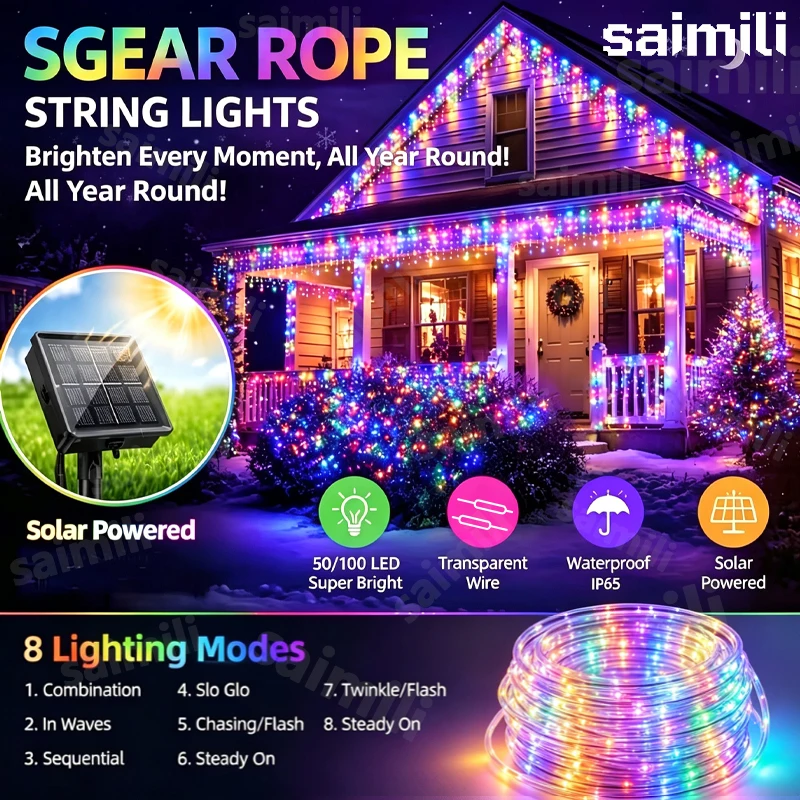 Solar String Lights LED Waterproof Tube Rope Garland Fairy Lights 8 Modes Lighting For Garden Yard Wedding Christmas Ornament