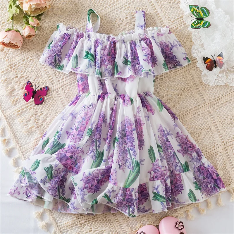 Toddler Girls Floral Print Dress Off Shoulder Suspender Sundress Ruffle Princess Birthday Dress Baby Summer Casual Clothes