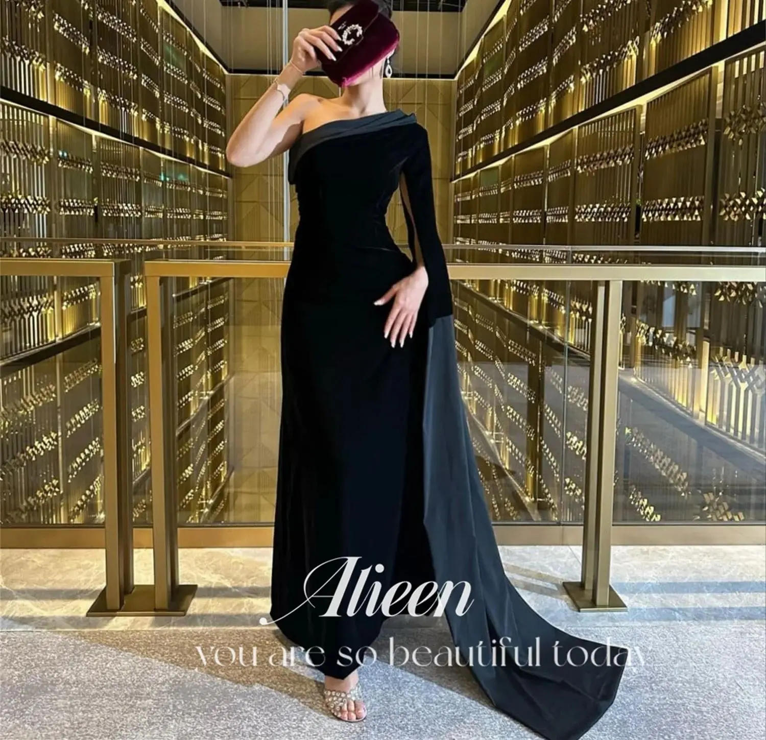 Aileen-vestidos sereia pretos de um ombro para casamentos, vestidos de luxo, vestido longo de baile, Dubai, oferta, liquidação, 2024