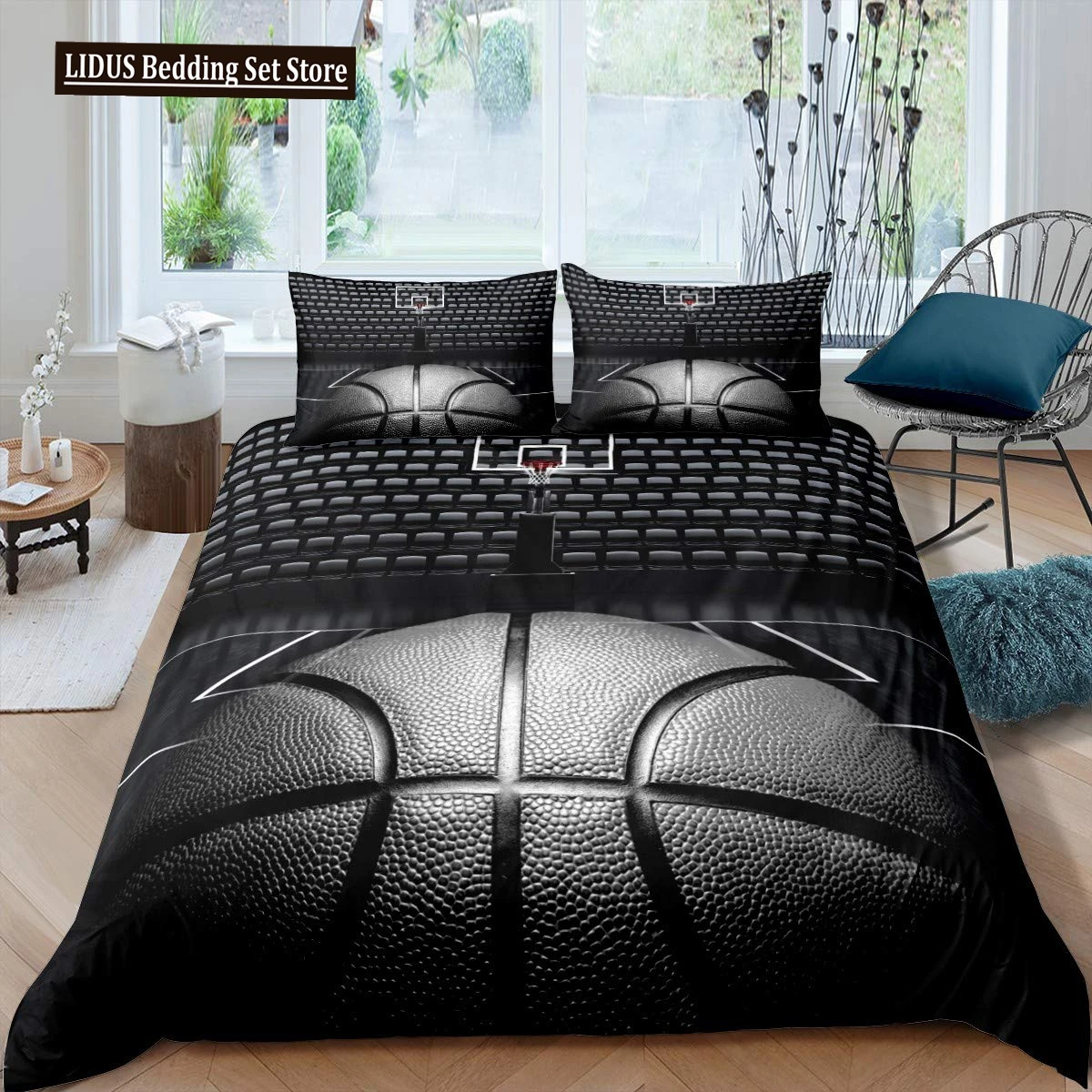 

Boys Basketball Duvet Cover Black Ball Pattern Sports Theme Bedding Kids Teens Basketball Court Competitive Games Room Decor