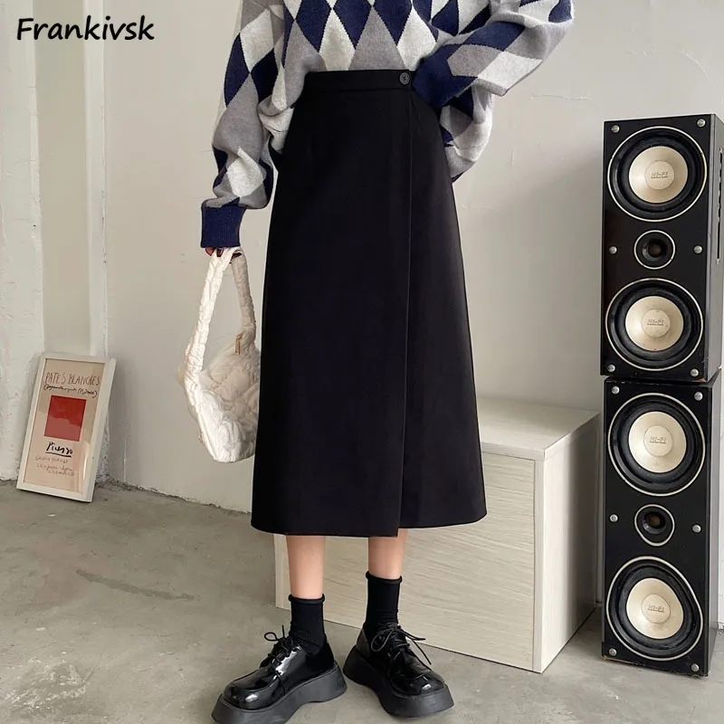 

Solid Skirts Women Slim Elegant A-line All-match Fashion Leisure Office Lady High Waist Korean Style Daily Slit Asymmetrical