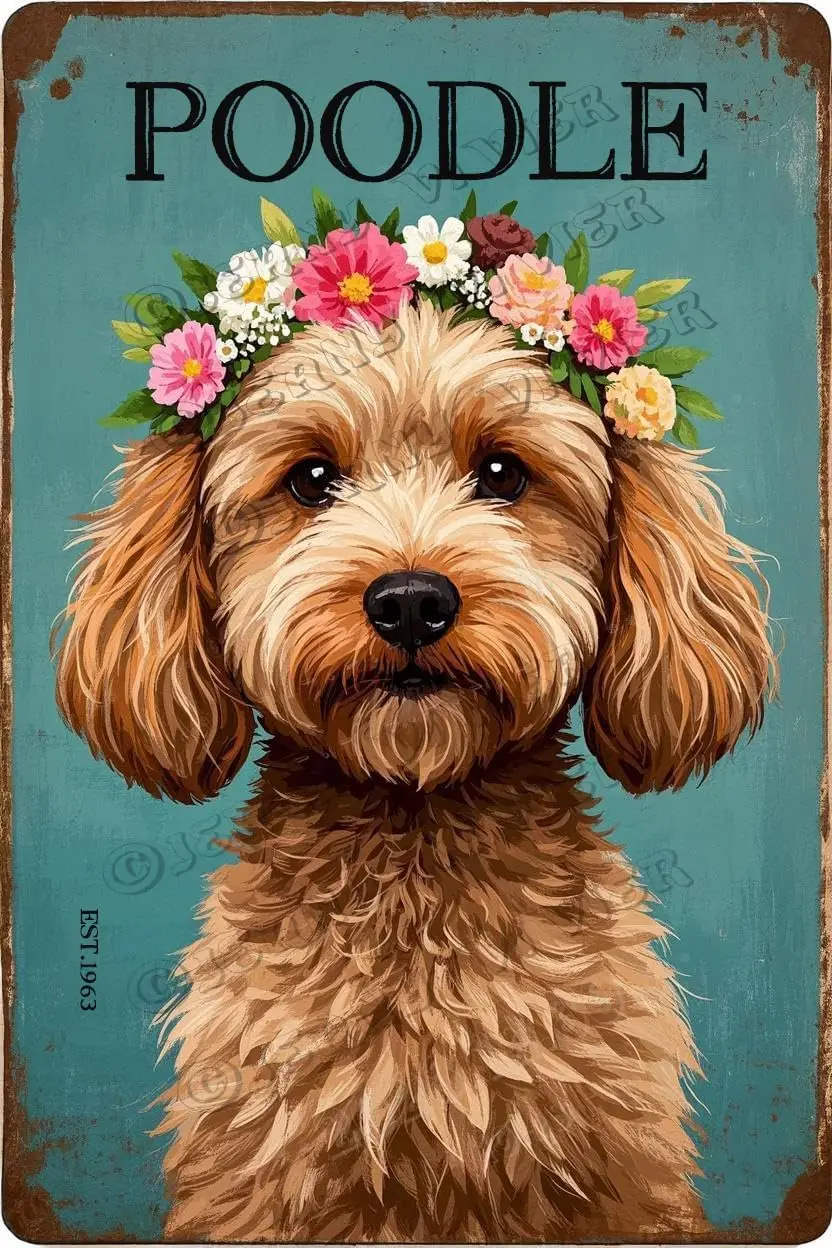 Brown Poodle With Flower Crown Rustic Metal Sign - Cute Decor Funny Dog for Bedroom Living Room Home Office Kitch