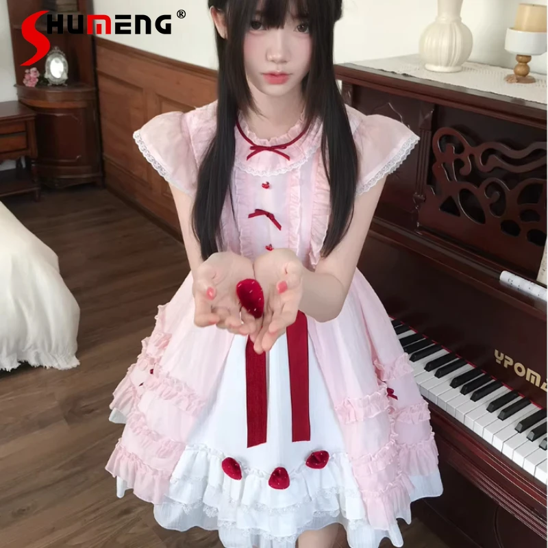 

Retro Vintage Strawberry Angel Pink Patchwork Dress Detachable Bow Cinched Waist Women's Japanese Rojita Y2k Daily Wear Vestidos