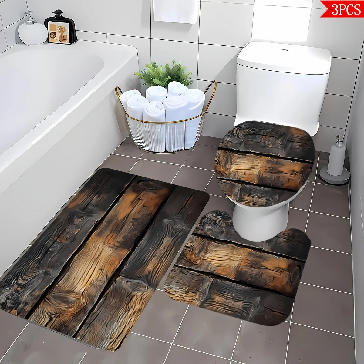

Rustic Wood Bathroom Mat Set, Farmhouse Bath Rug, Waterproof Toilet Mat Accessories for Home Decor