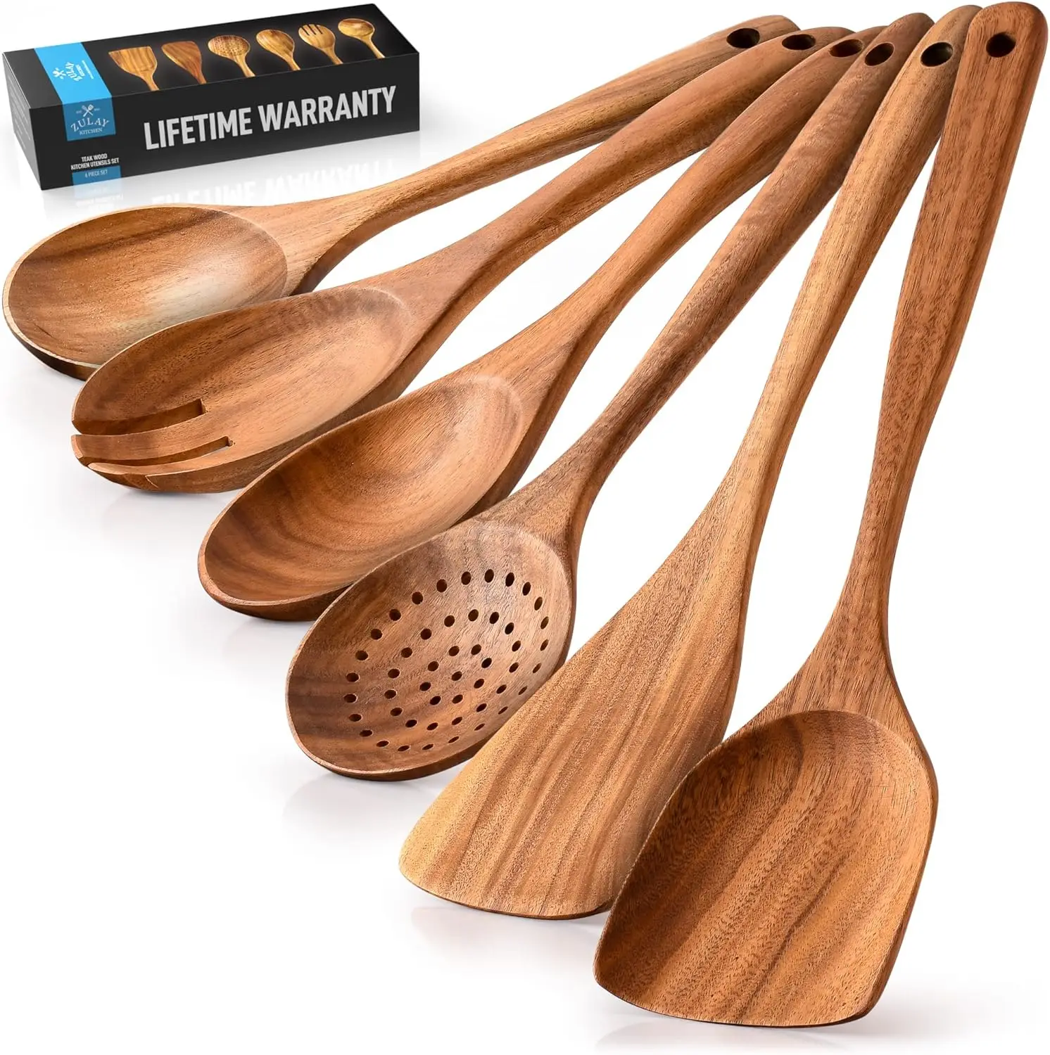 

Wooden Spoons Cooking Set Teak Utensils Smooth Finish Comfort Grip Non Stick Kitchen Tools Wood Culinary Accessories 6 Piece