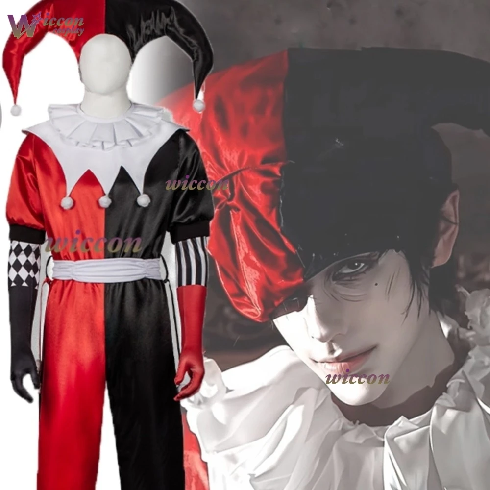 Herren Split Rot-Schwarzer Joker-Kostüm Clown-Overall mit Hut und Halsrüschen für Halloween, Karneval, Party, Cosplay-Outfit, Clown-Cosplay-Anzug