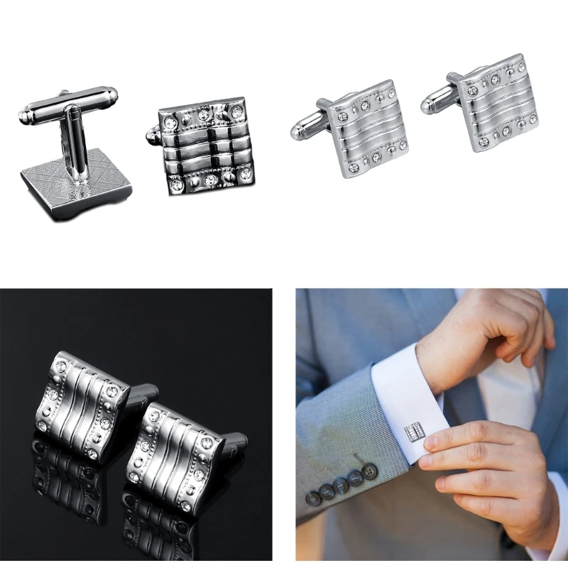 

Rhinestone Square Silver Cufflinks for Men Wedding Jewelry Groomsmen Gifts Luxurious Alloy Cuff Buttons Business Decor