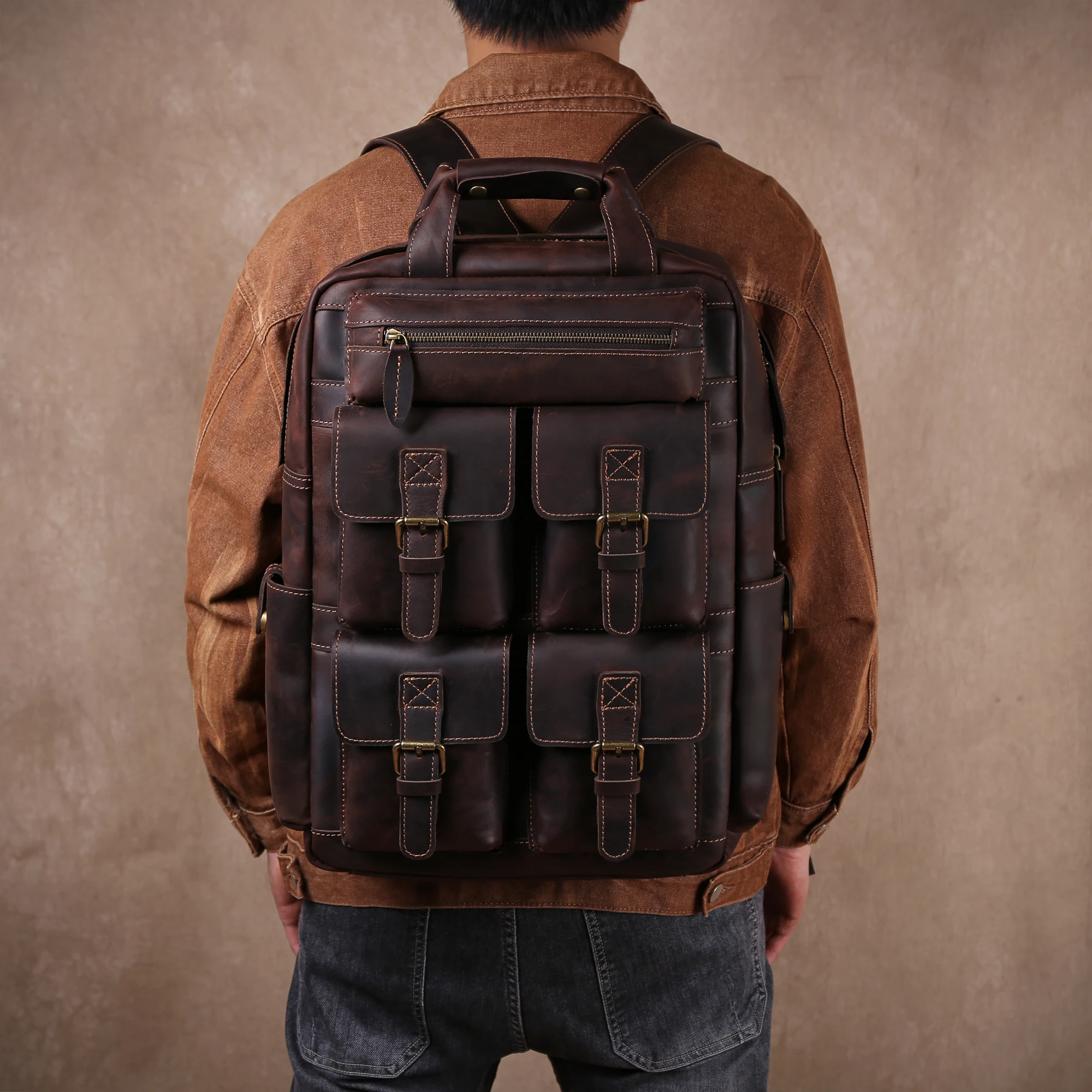 Retro genuine leather double-shoulder bag, top layer of cowhide, multiple pockets, men's backpack, computer bag, schoolbag