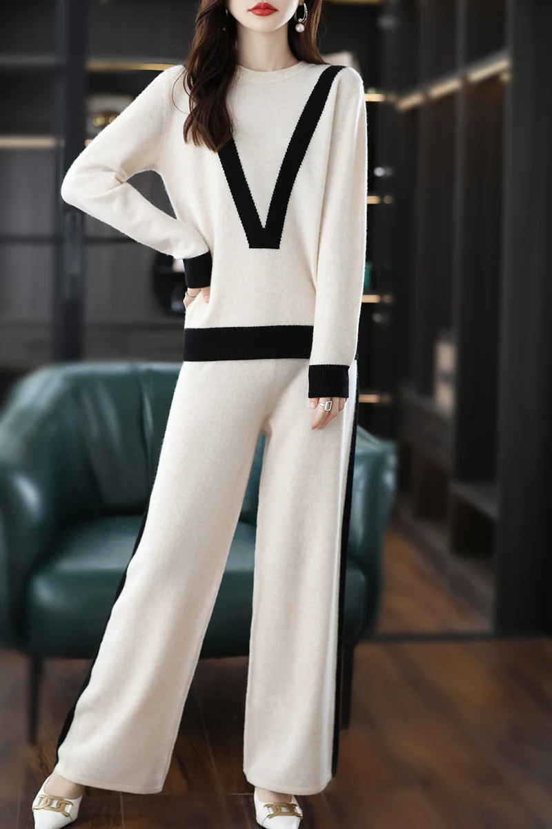 

Basic 100% Merino Wool Fashion Woolen Trousers Suit Pullover O-Neck Sweater Comfortable Long Sleeve Fashion Leisure Clothes