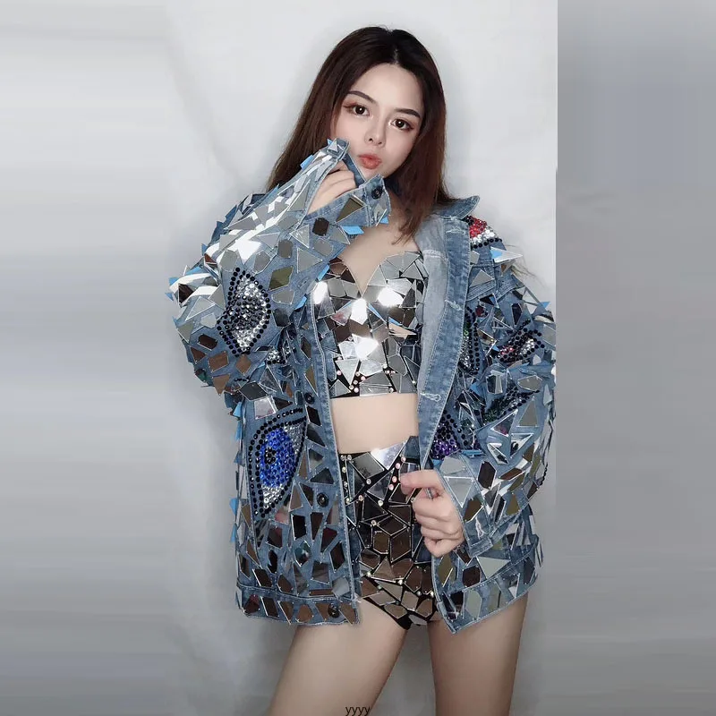 

customized women's adult diamond sequin long dress birthday costume performance outfit denim lens mirror coat bikini stage