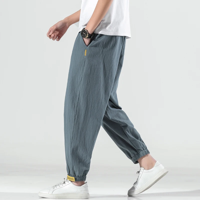 100% Cotton Summer Casual Pants Man Trendy Japanese Ankle-Length Pants Loose Hallen Pants Men 5XL