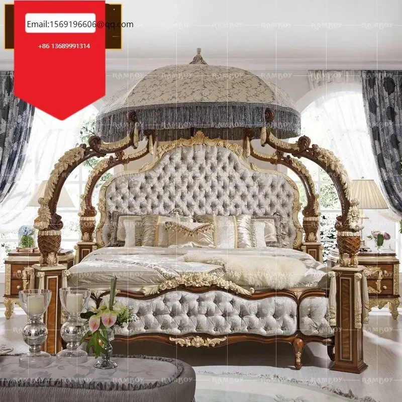 

European-style double bed American solid wood carved villa luxury French court wedding bed neo-classical frame bed