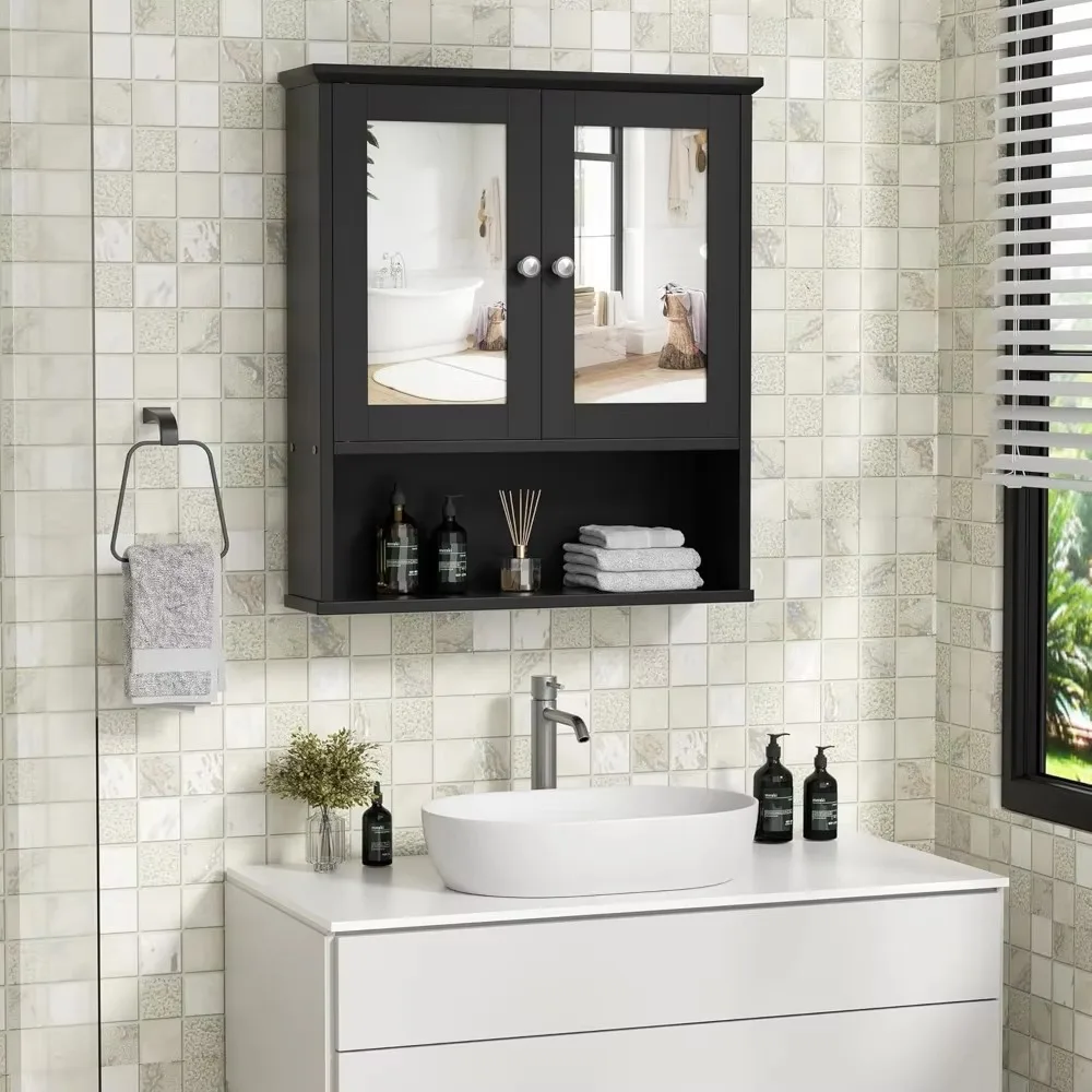 

Bathroom Cabinet with Mirror, Wood Medicine Cabinet with Adjustable Shelf, Wall Mount Cabinet Storage, Cupboard, Black