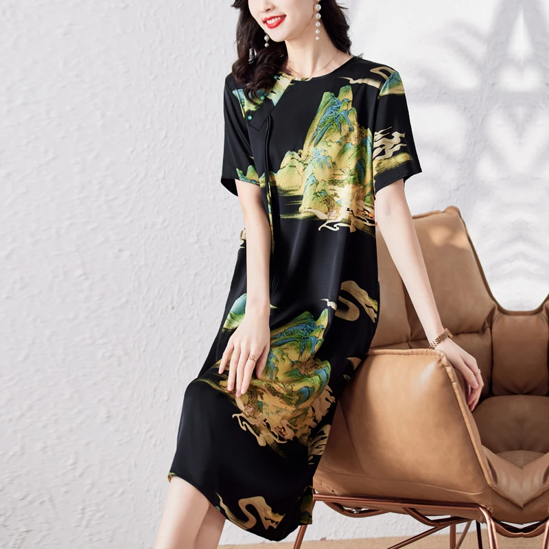 

2023 New Fashion Round Neck Silk Printed Dress Women's Summer Versatile Loose Slim Leisure Holiday Dress Vestidos