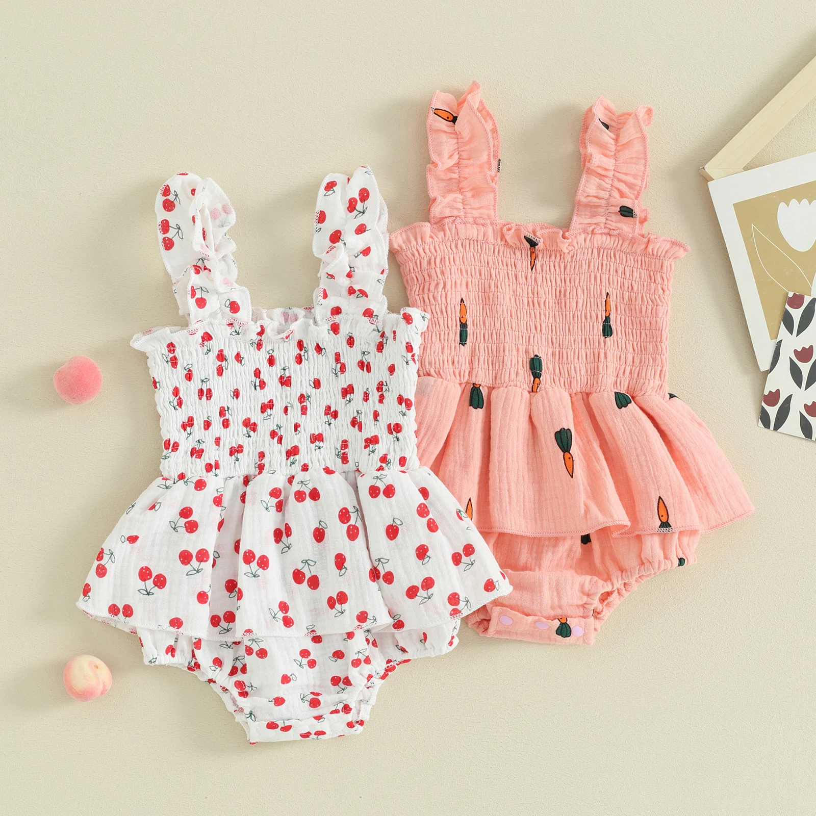 

Baby Girl Sleeveless Romper Dress Square Neck Frill Trim Cherry Print Shirred Tank Top Jumpsuit Dress Infant Newborn Clothes